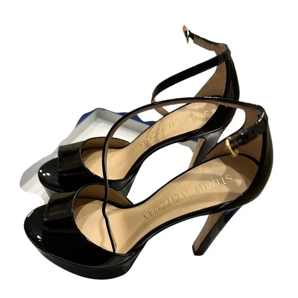 Stuart Weitzman DiscoPlatform Black Patent Leather Sandals Sz 9 $595 NEW